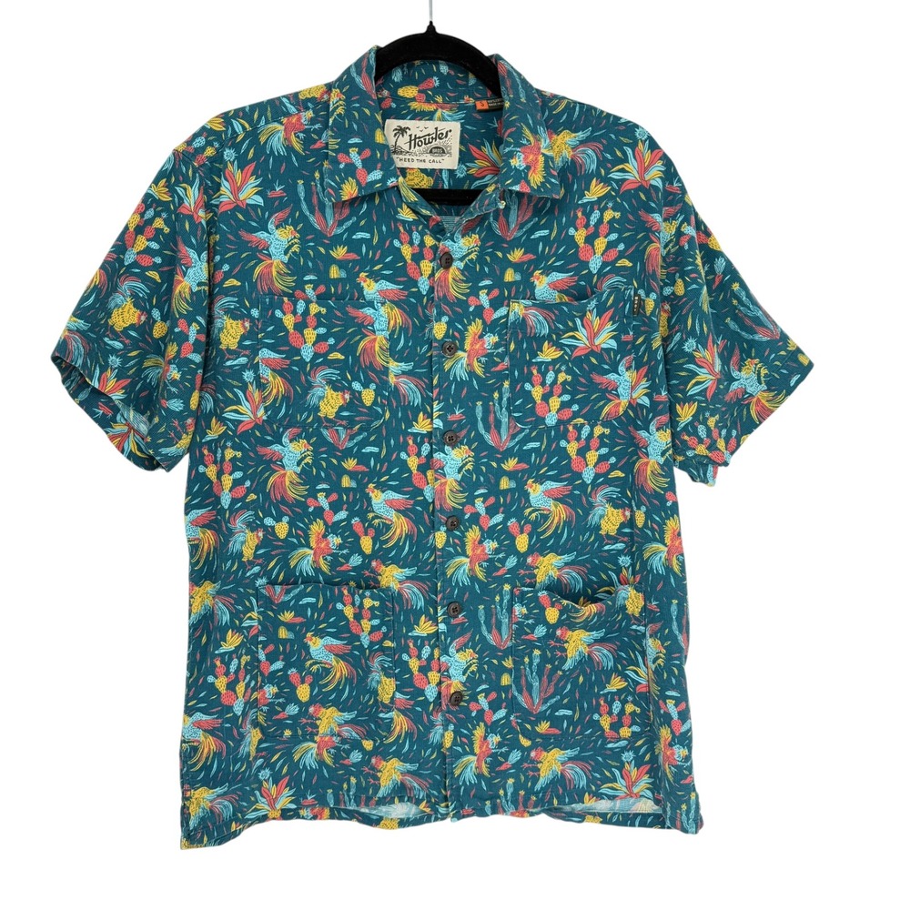Howler Bros Dobby Camp Guayabera 4 Pocket Shirt Men S Blue Gallos Roosters